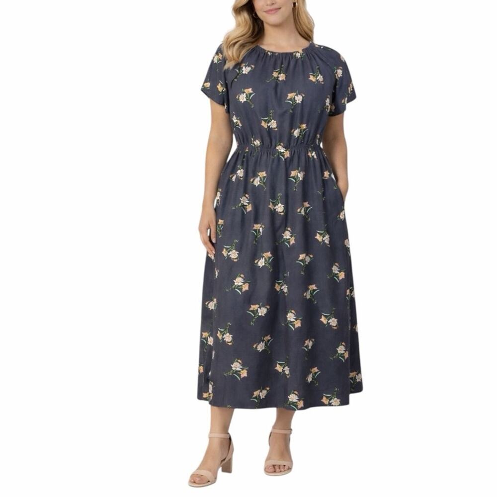 Loft Midi Dress Short Sleeve Smocked Waist Gray Peach Floral Women’s Size XL